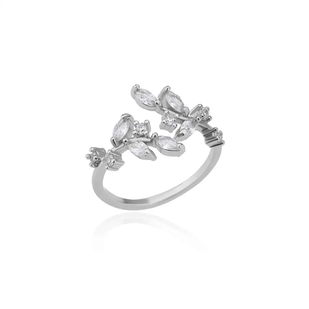 Bague Iris - feuillage de cristaux marquise sur bande argentée premium