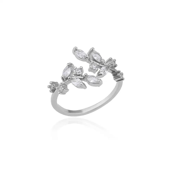 Bague Iris - feuillage de cristaux marquise sur bande argentée premium