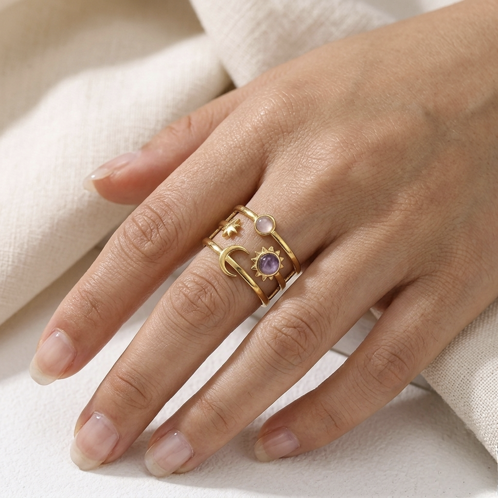 Bague Vega - détail plaqué or 18 carats sur main